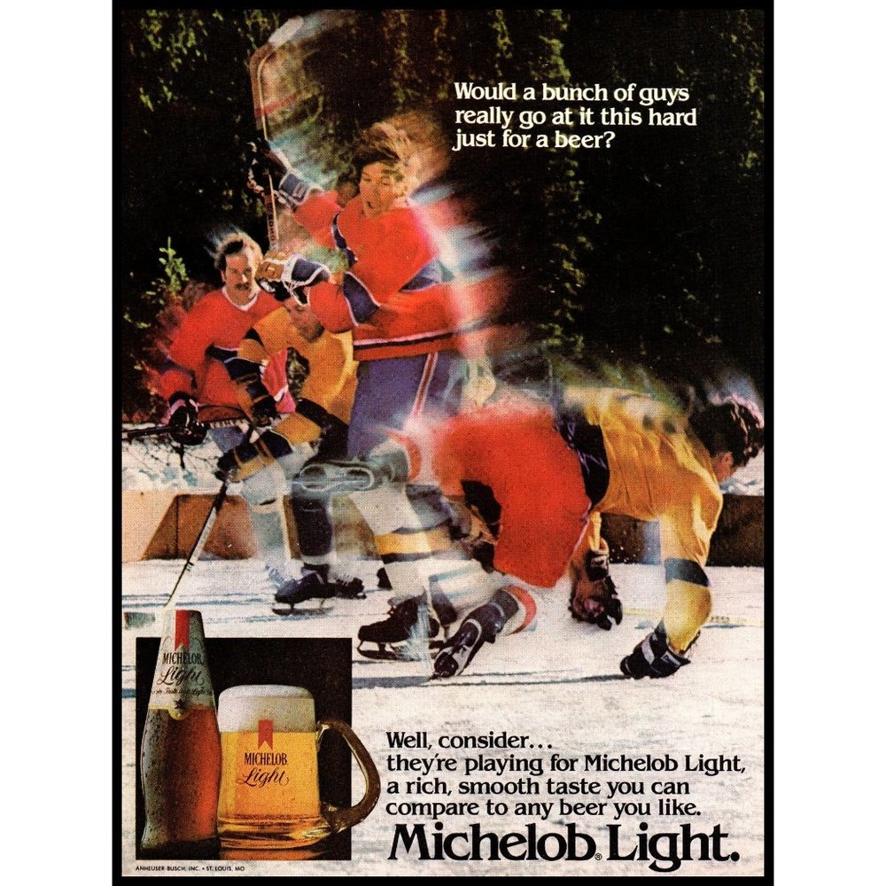 1982 Michelob Light Beet Vintage Print Ad Pond Ice Hockey Rink Wall Art Photo